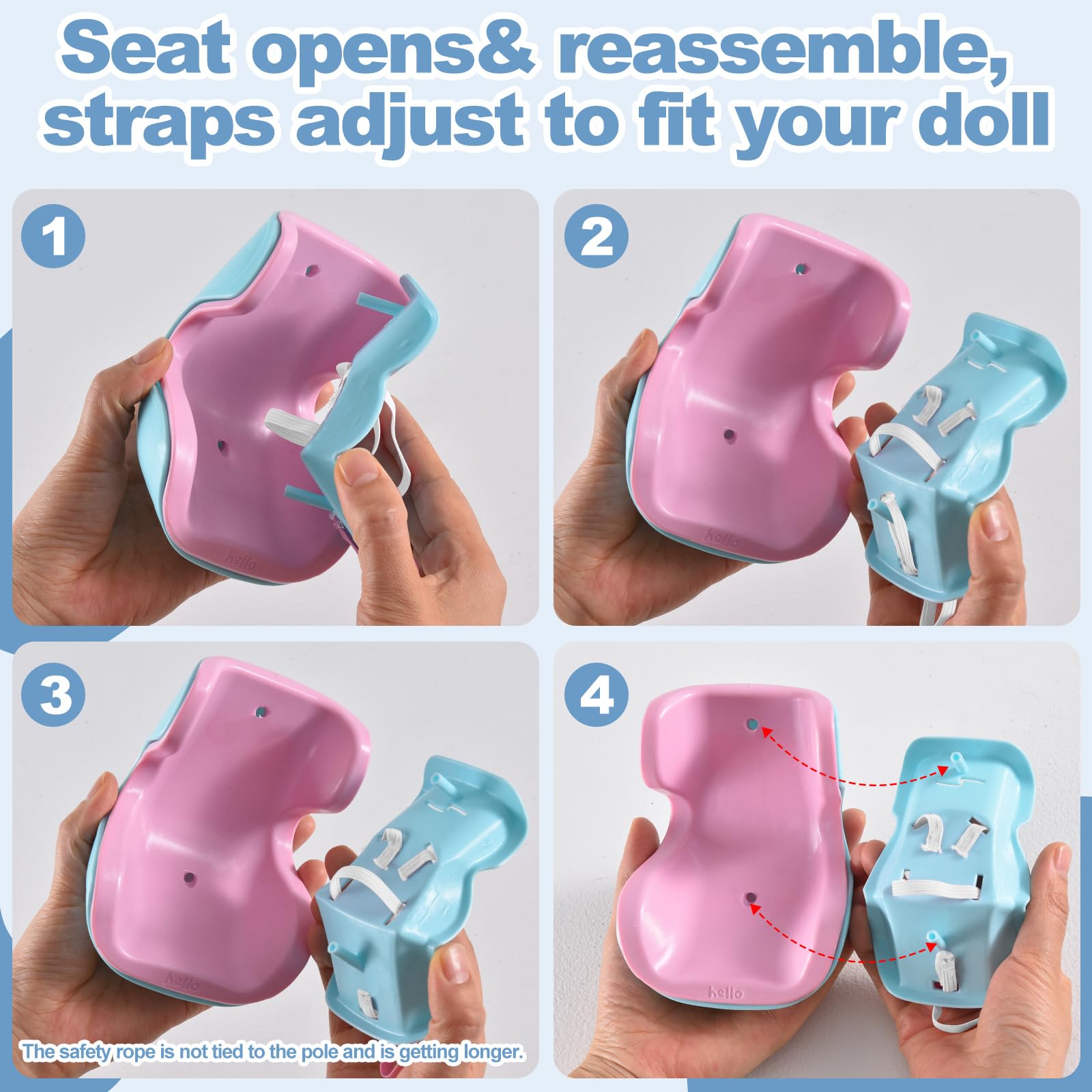 Ciunura doll car seat includes clip and strap for complete setup.