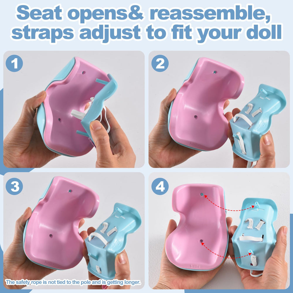Ciunura doll car seat includes clip and strap for complete setup.