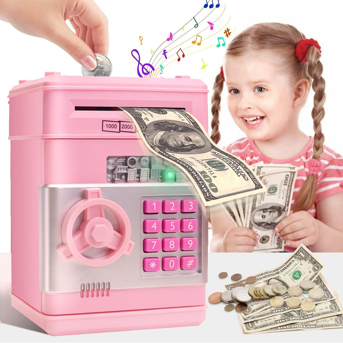 civan ATM piggy bank pink close-up showing password access for kids' savings