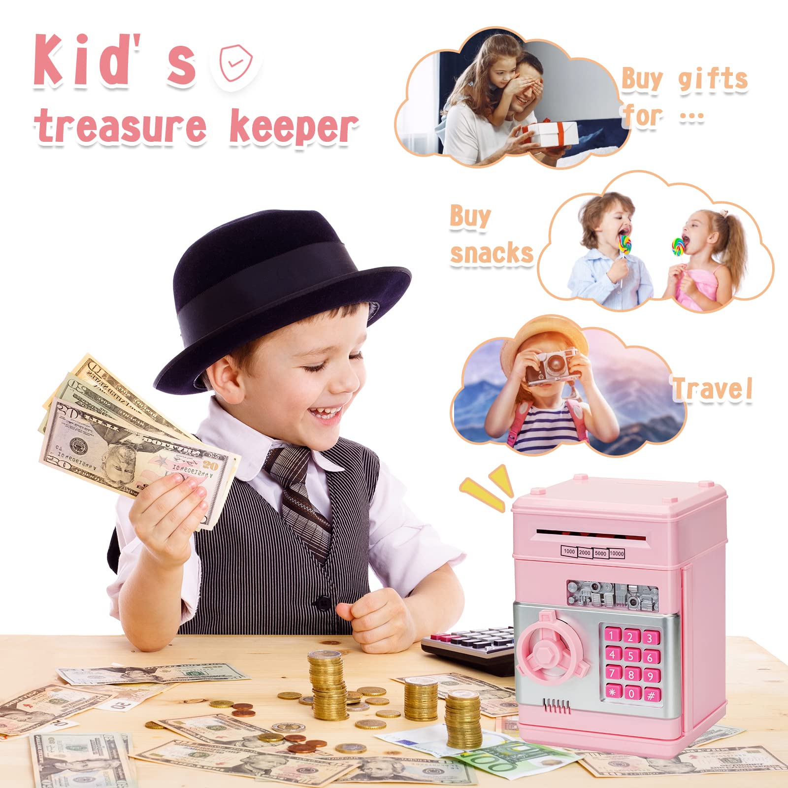 civan piggy bank pink open lid reveals slot for coins and paper money