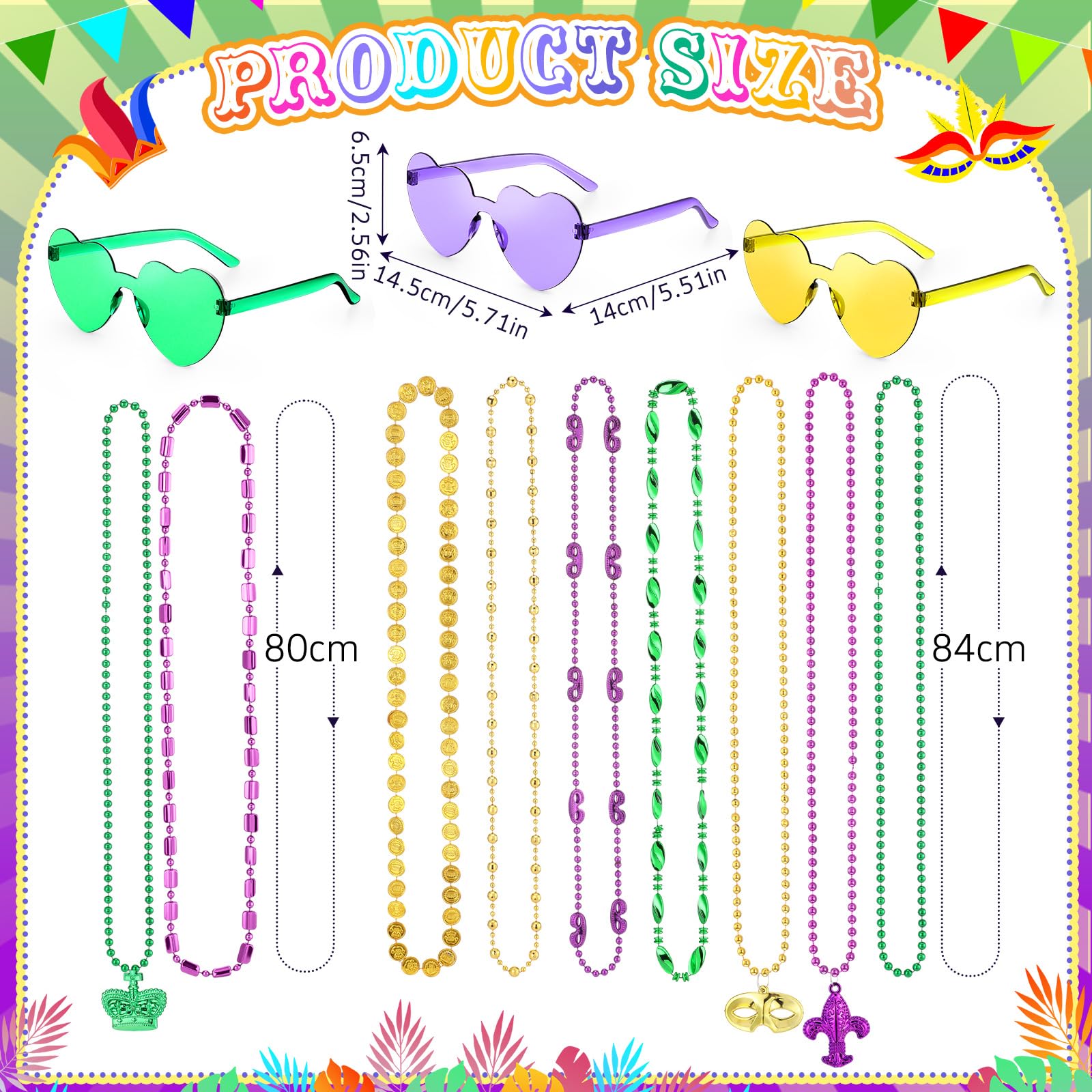 Civaner bead necklaces and heart sunglasses in purple gold green for parades.
