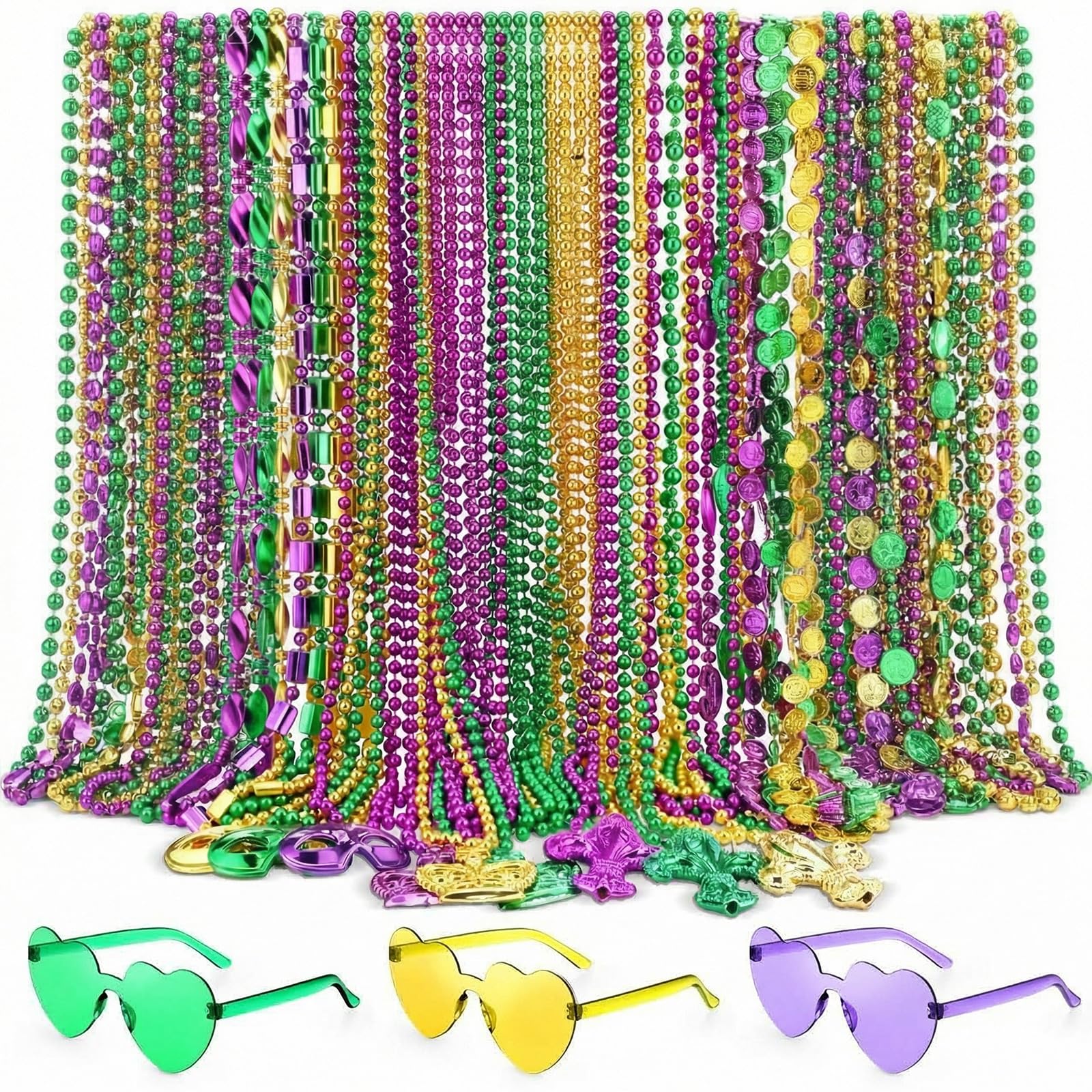 Civaner Mardi Gras beads and heart sunglasses set adds festive color to parties.