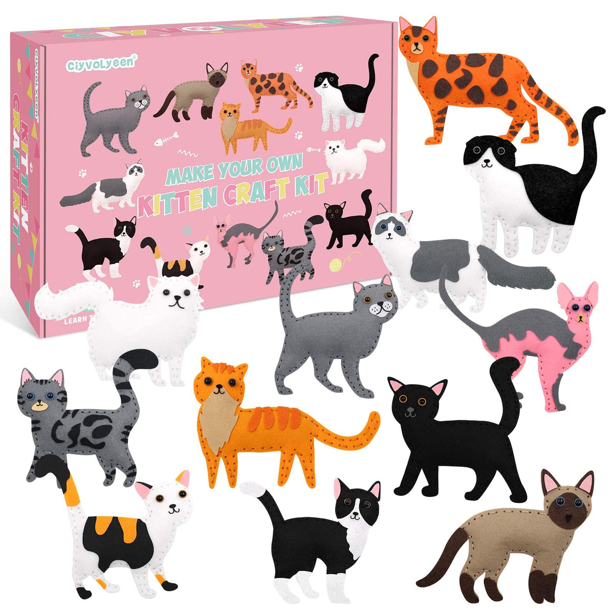 CiyvoLyeen cat sewing kit showing the kitty-face project for beginners to practice sewing skills.