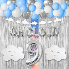 CJDCXY On Cloud 9 foil balloon arch for a festive blue, white, and silver backdrop.