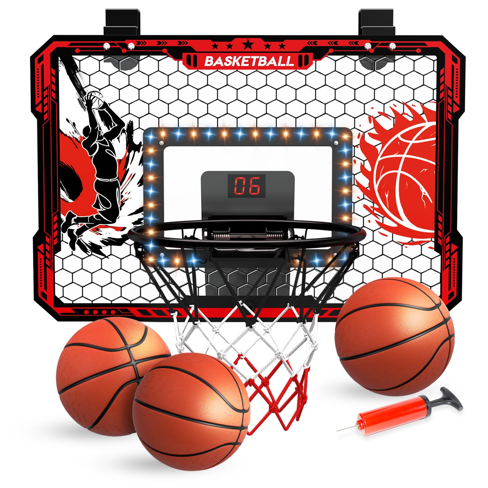 CL FUN over-the-door hoop with LED lights for indoor play and space-saving setup.