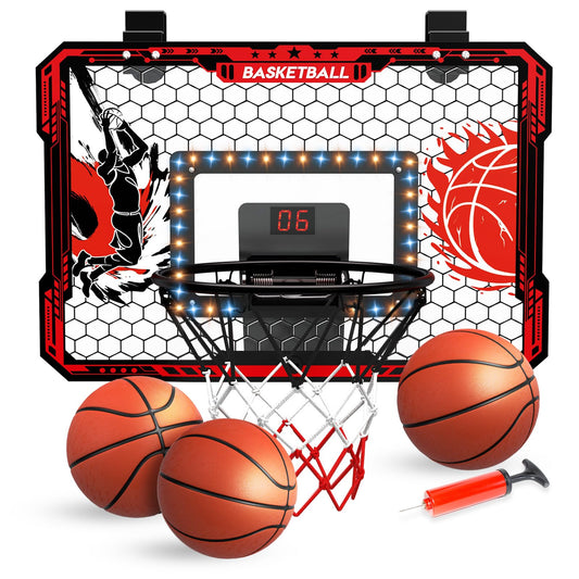 CL FUN over-the-door hoop with LED lights for indoor play and space-saving setup.