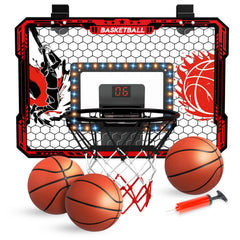 CL FUN over-the-door hoop with LED lights for indoor play and space-saving setup.