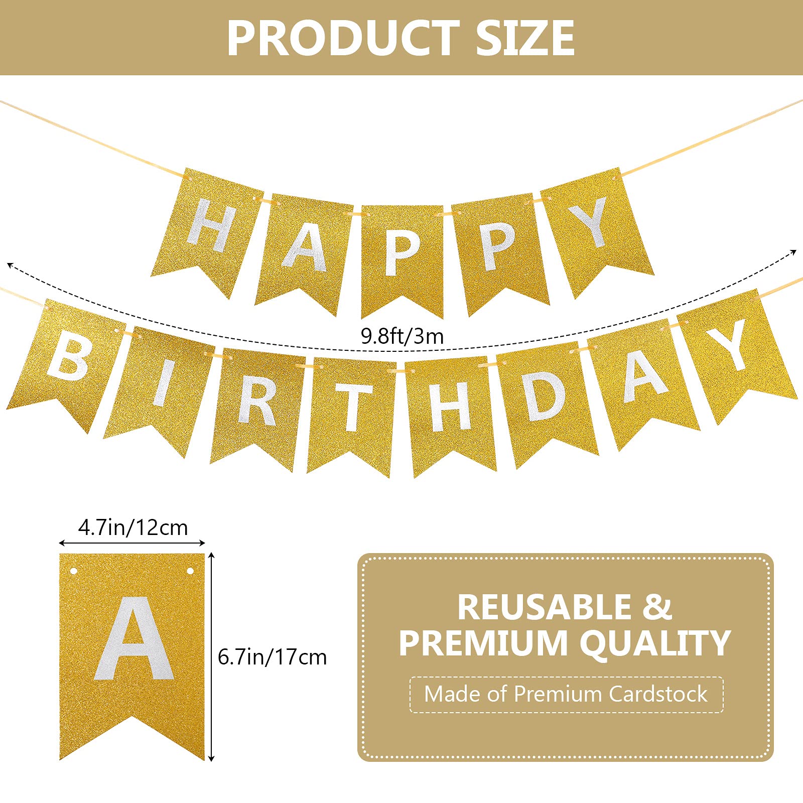 Clabby glitter gold banner rope shown for easy hanging and spacing.