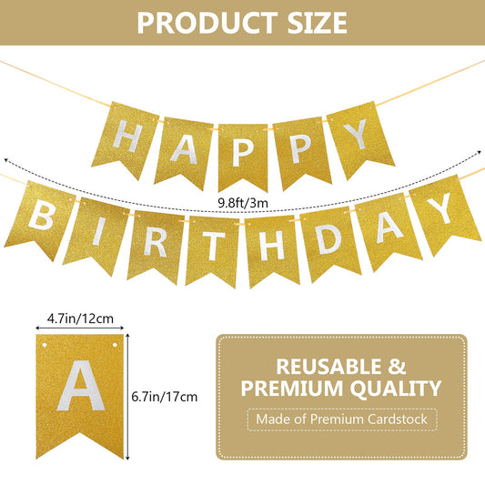Clabby glitter gold banner rope shown for easy hanging and spacing.