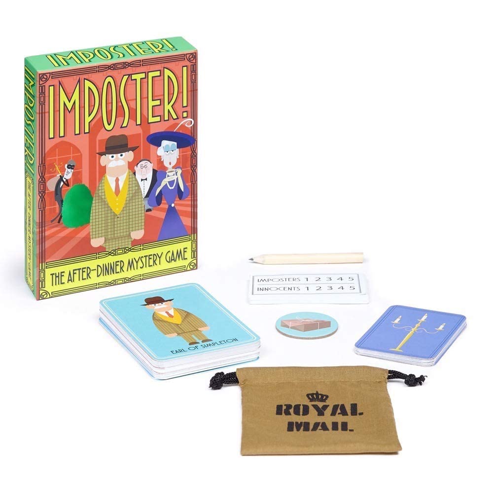 Clarendon Games Imposter! 40-minute playtime noted for balanced party sessions.