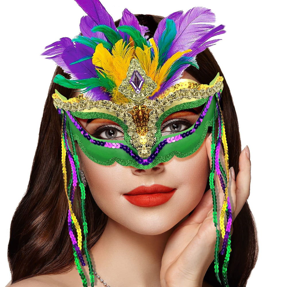 Cleacloud feather decorations mask back view emphasizes vibrant purple-green-yellow plumes.