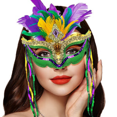 Cleacloud feather decorations mask back view emphasizes vibrant purple-green-yellow plumes.