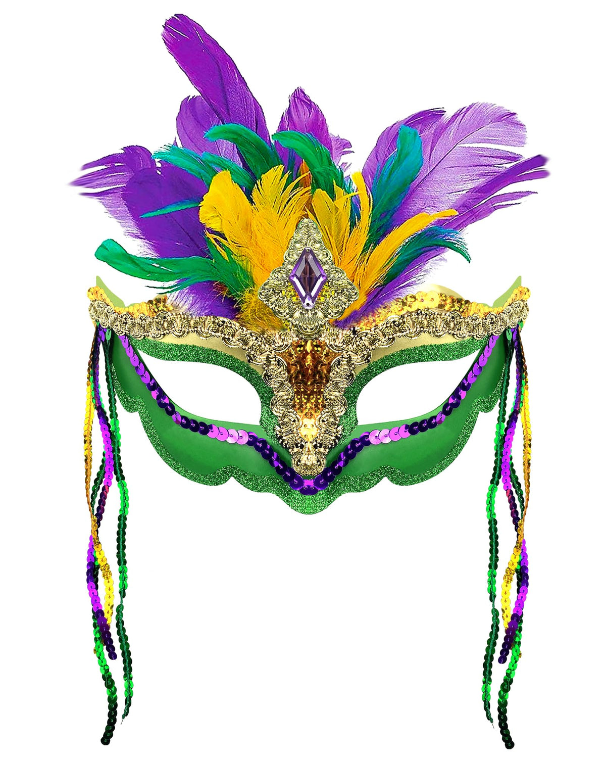 Cleacloud Mardi Gras sequin feather mask front view for a glamorous party look.