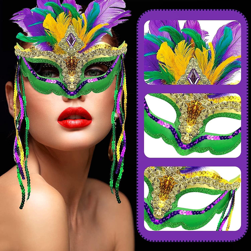 Cleacloud Mardi Gras sequin feather mask side view shows feather details and comfort.
