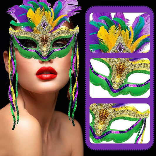 Cleacloud Mardi Gras sequin feather mask side view shows feather details and comfort.