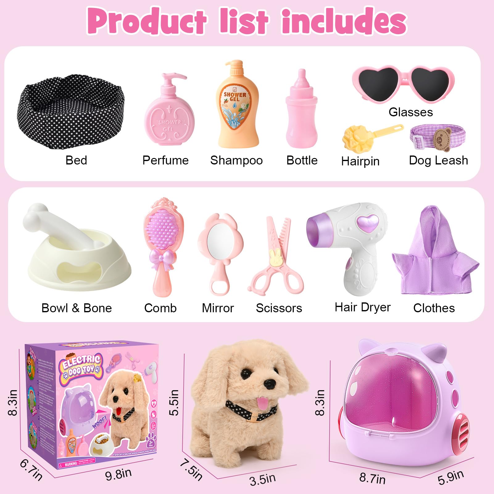 Cleboen mirror, perfume, and hair dryer enhance grooming moments during play.