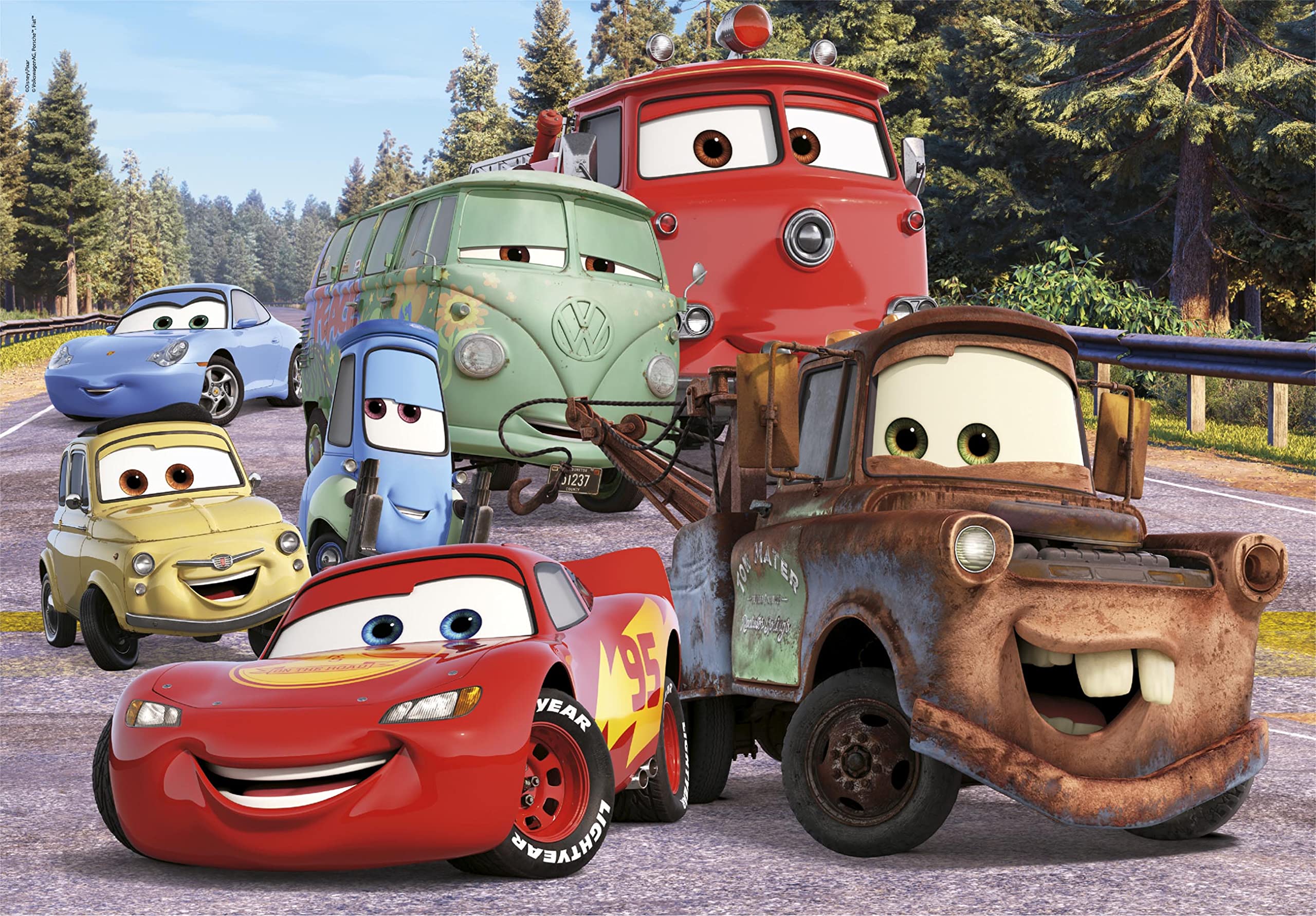 Bright colors and oversized pieces help young builders assemble easily with Clementoni Cars on the Road puzzle.