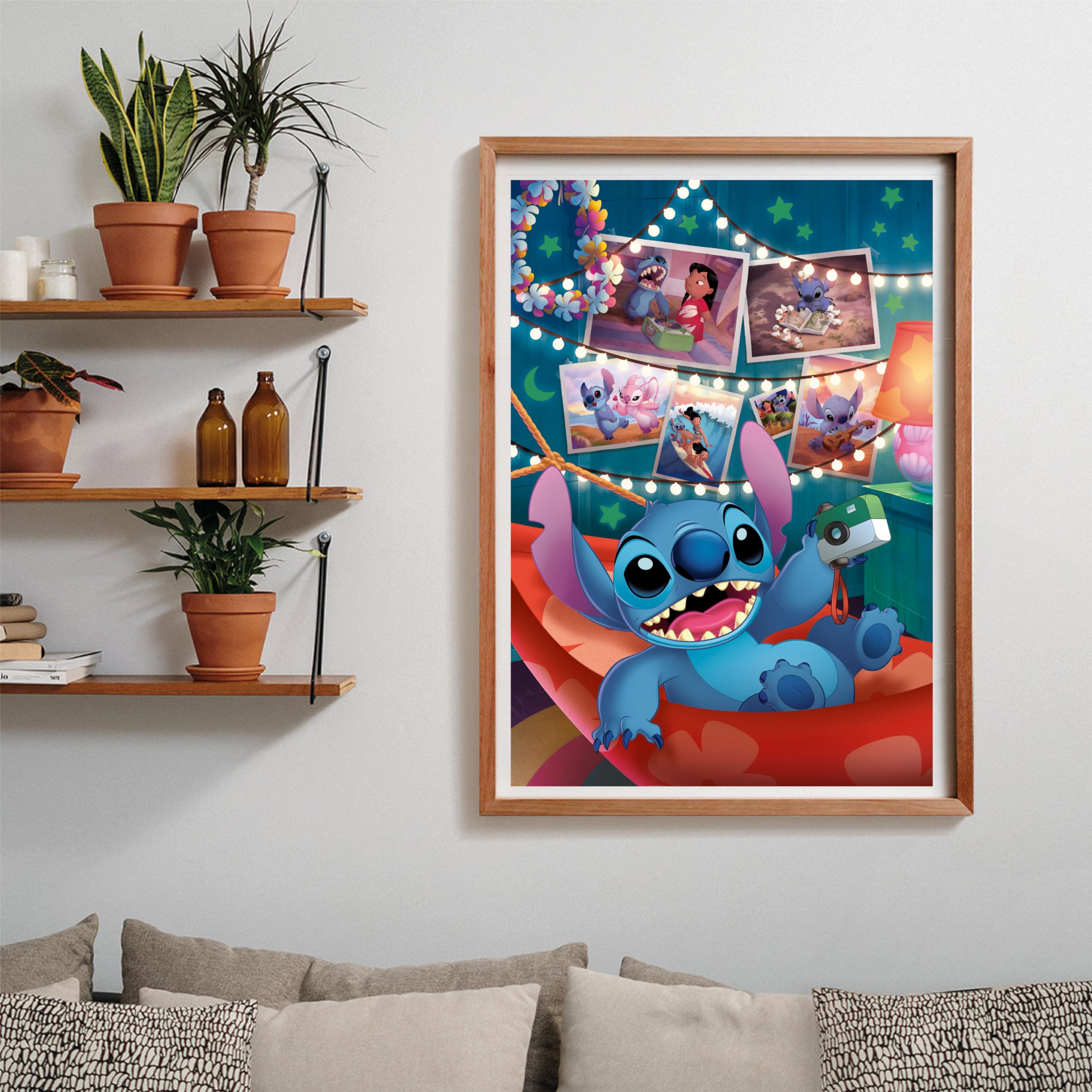 Clementoni Disney Stitch puzzle on a cozy desk setup for quiet activity.