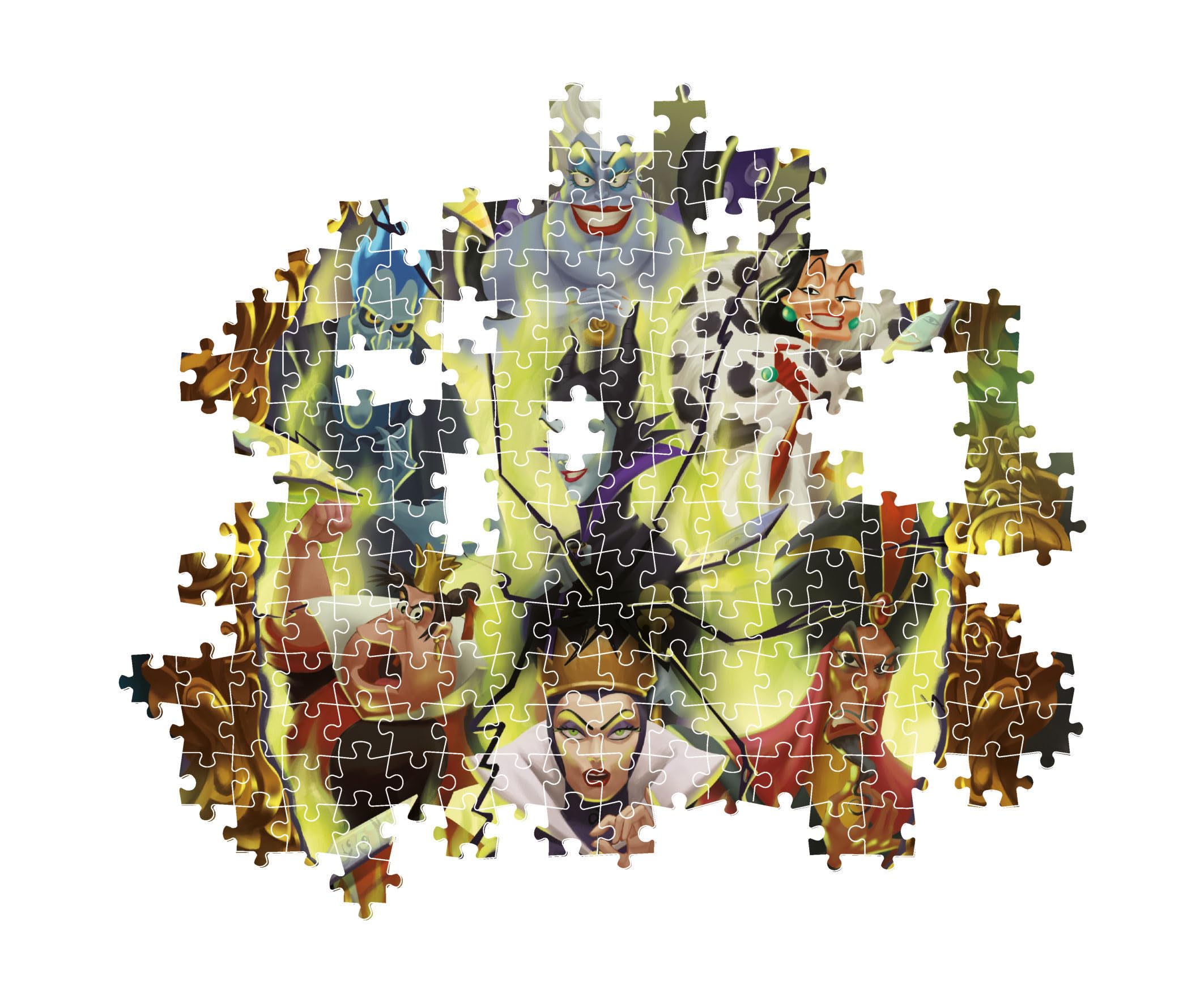 Vibrant multicoloured puzzle graphics featuring Disney villains