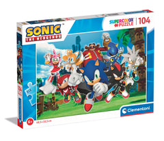Clementoni Sonic 104-piece puzzle packaging with vibrant artwork for kids.