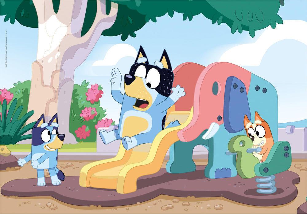 Clementoni Bluey 104-piece puzzle assembled showing a colorful scene for shared play.