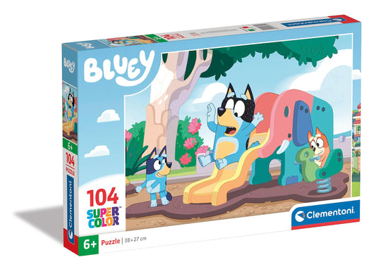 Clementoni Supercolor Bluey 104-piece puzzle box with vibrant artwork for focus and problem-solving.