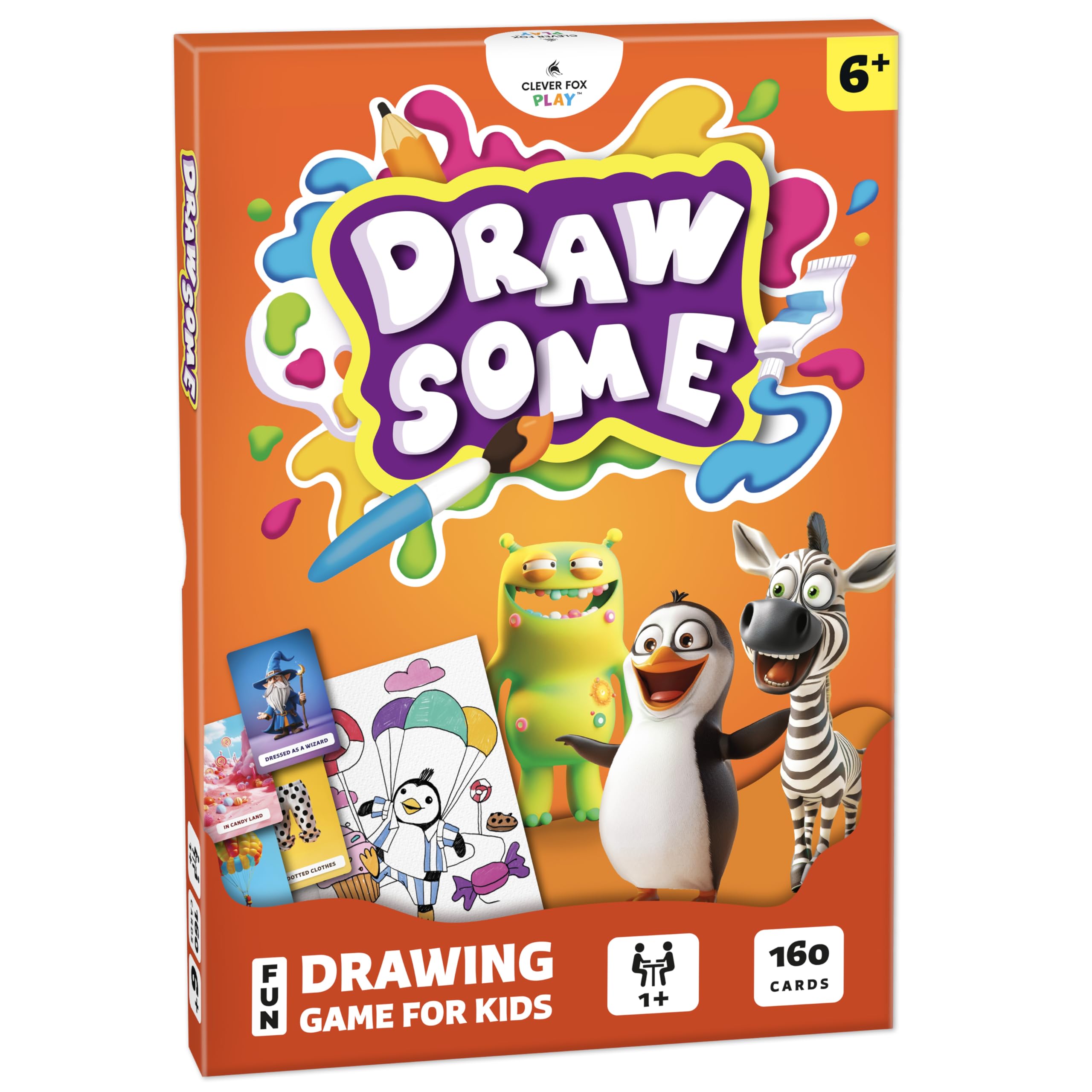 Clever Fox Drawsome card deck spread showing prompts for creative play and laughter