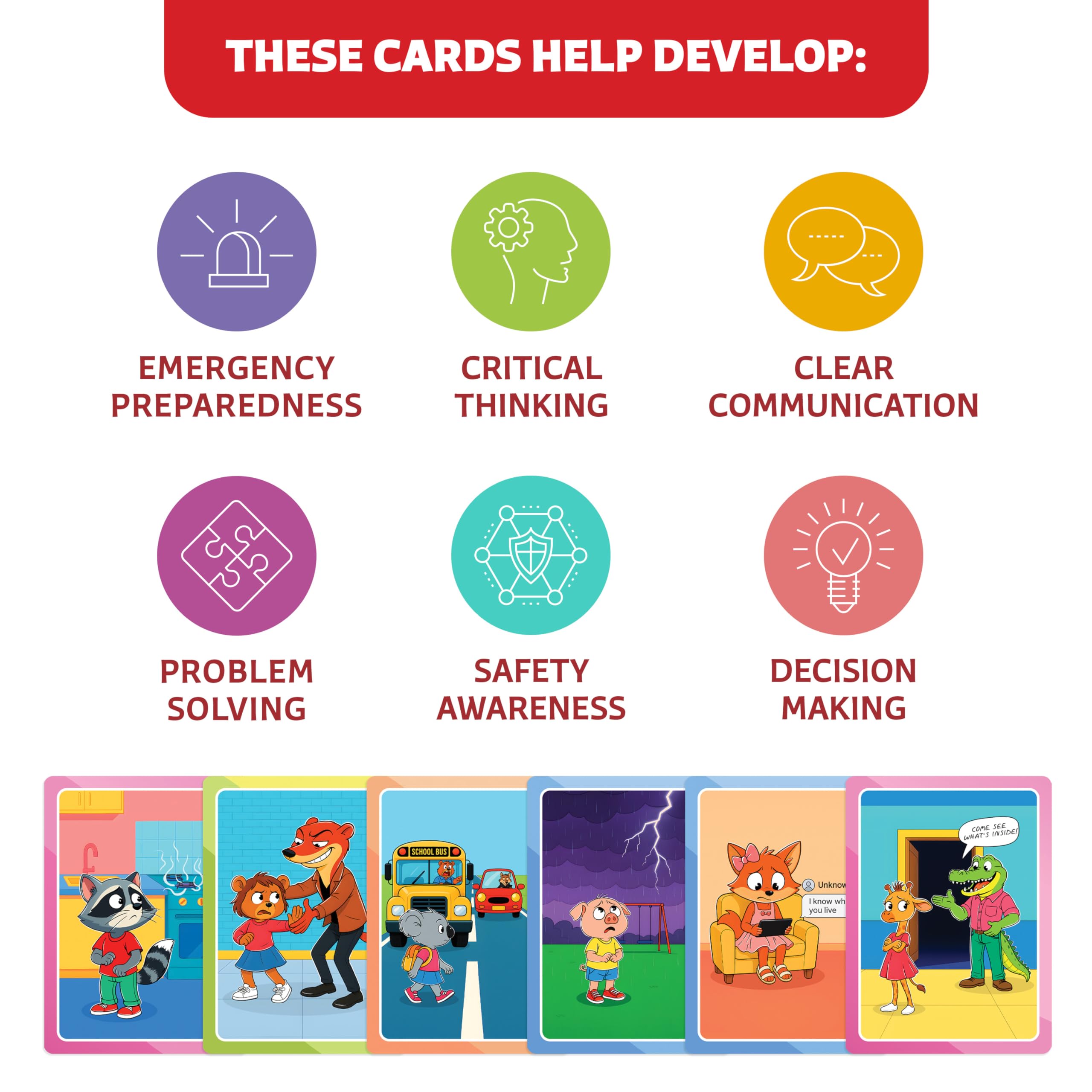 Clever Fox Play Who What Why animals-illustrations card set eases tough topics with friendly characters.