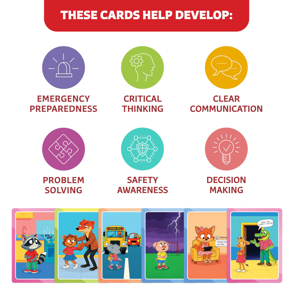 Clever Fox Play Who What Why animals-illustrations card set eases tough topics with friendly characters.