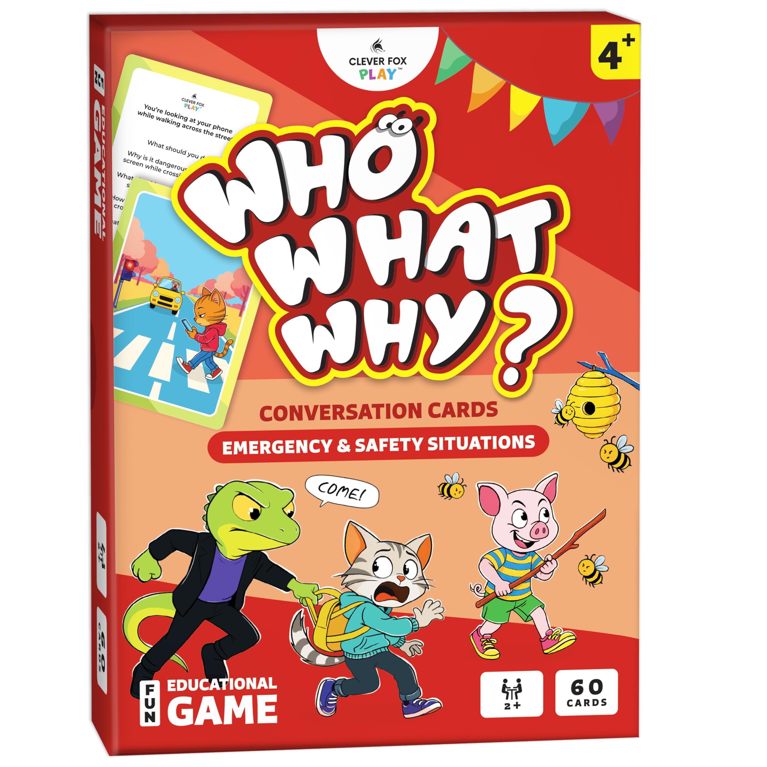 Clever Fox Play Who What Why cards cover featuring friendly animals for safe, engaging learning.