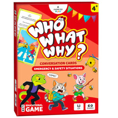 Clever Fox Play Who What Why cards cover featuring friendly animals for safe, engaging learning.