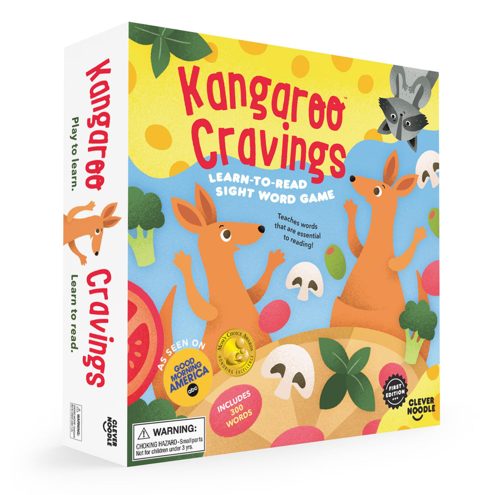 Clever Noodle Kangaroo Cravings board game play enhances early reading in a fun setting.