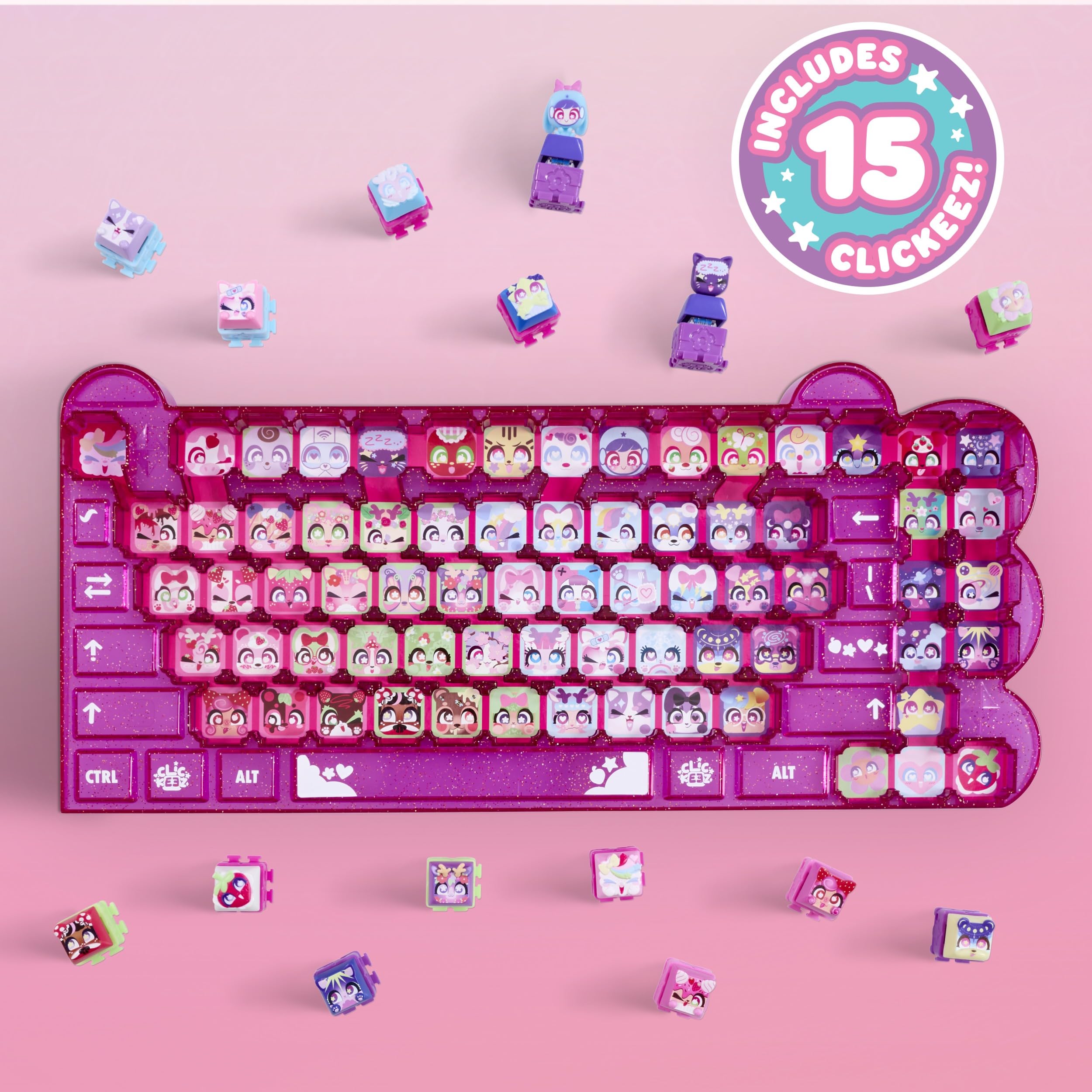 Clickeez characters lined up within the Mega Pack case, ready for play.