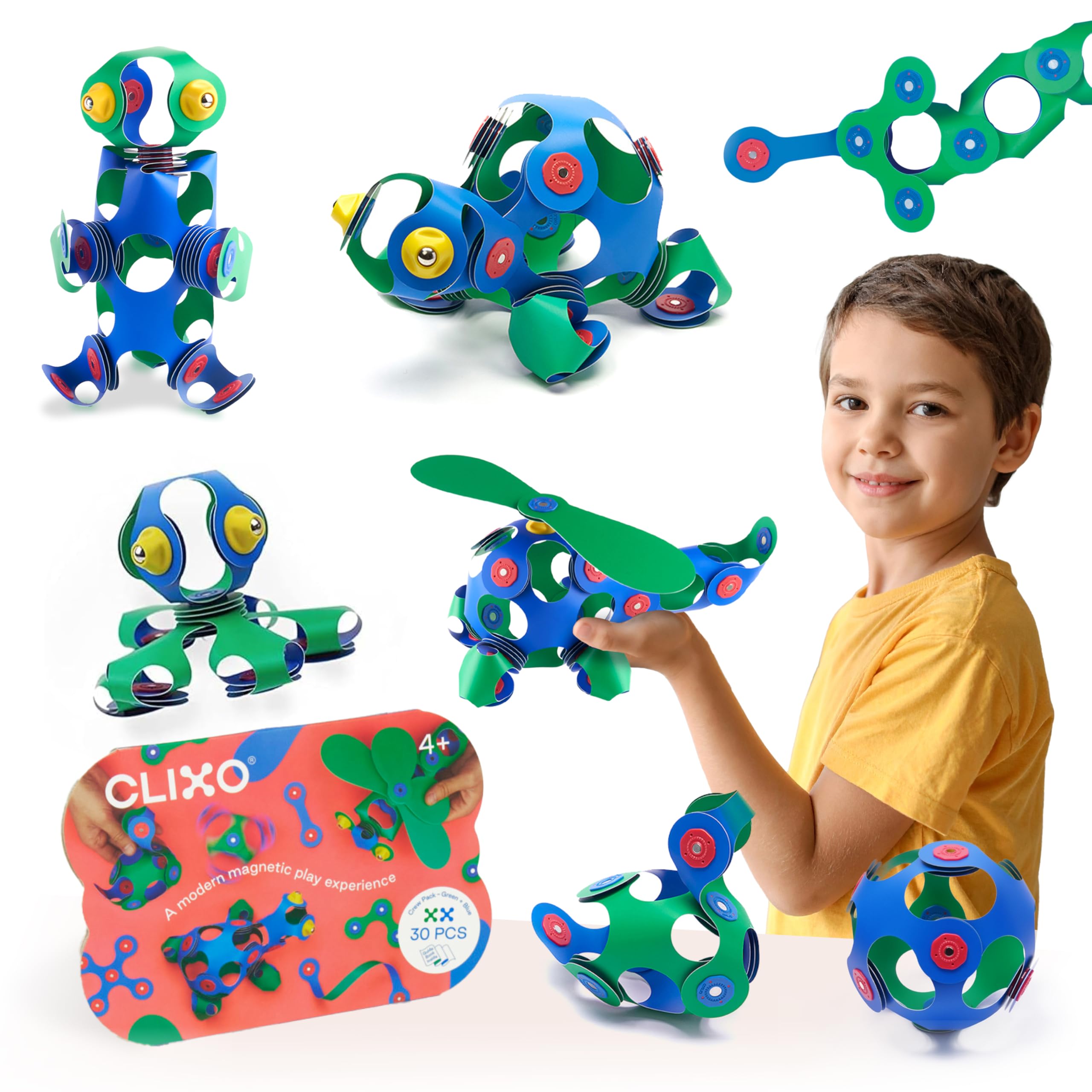 Clixo Crew 30-piece pack assembly close-up showing versatile magnetic pieces for creativity