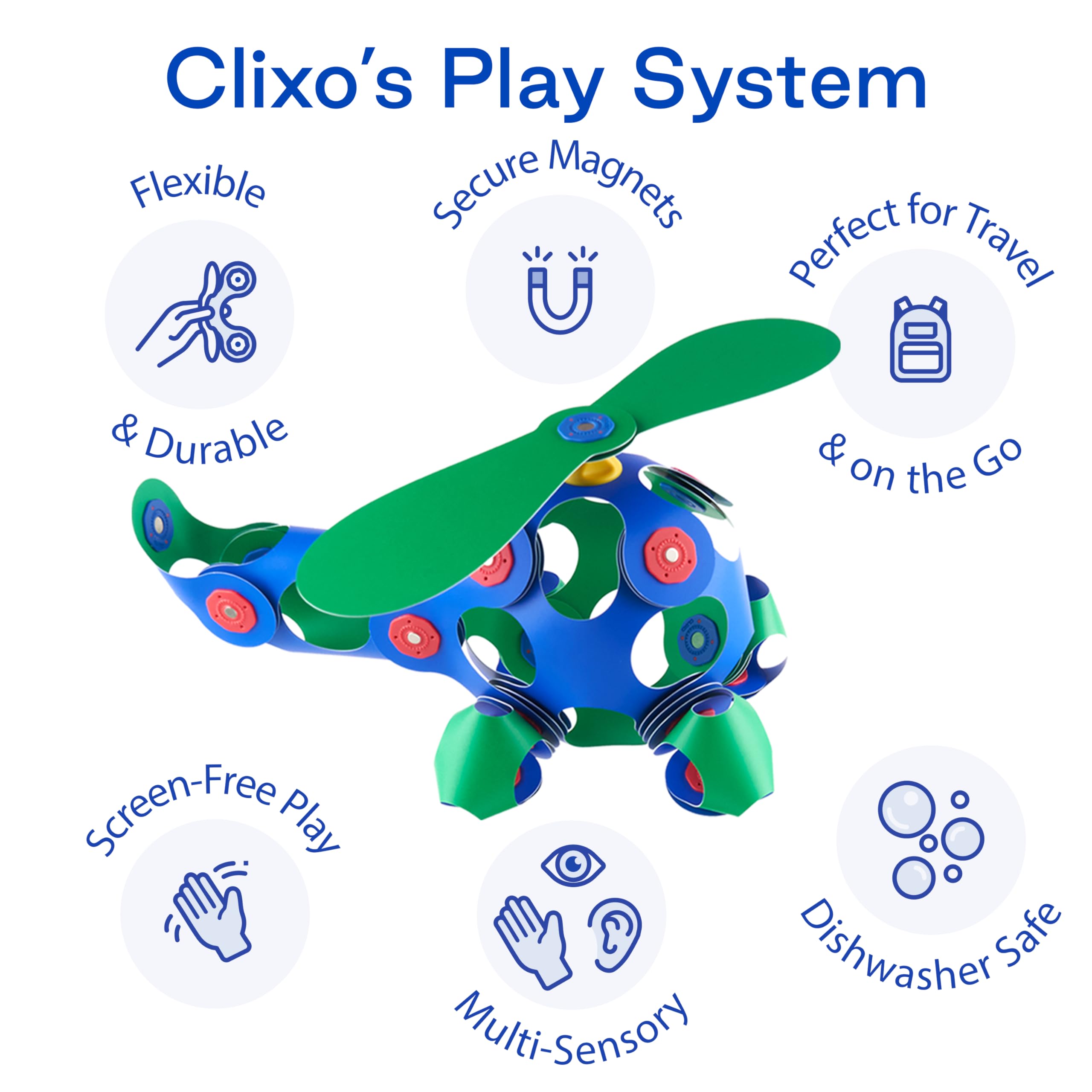Clixo Crew colorful designs close-up inviting creative, open-ended play sessions