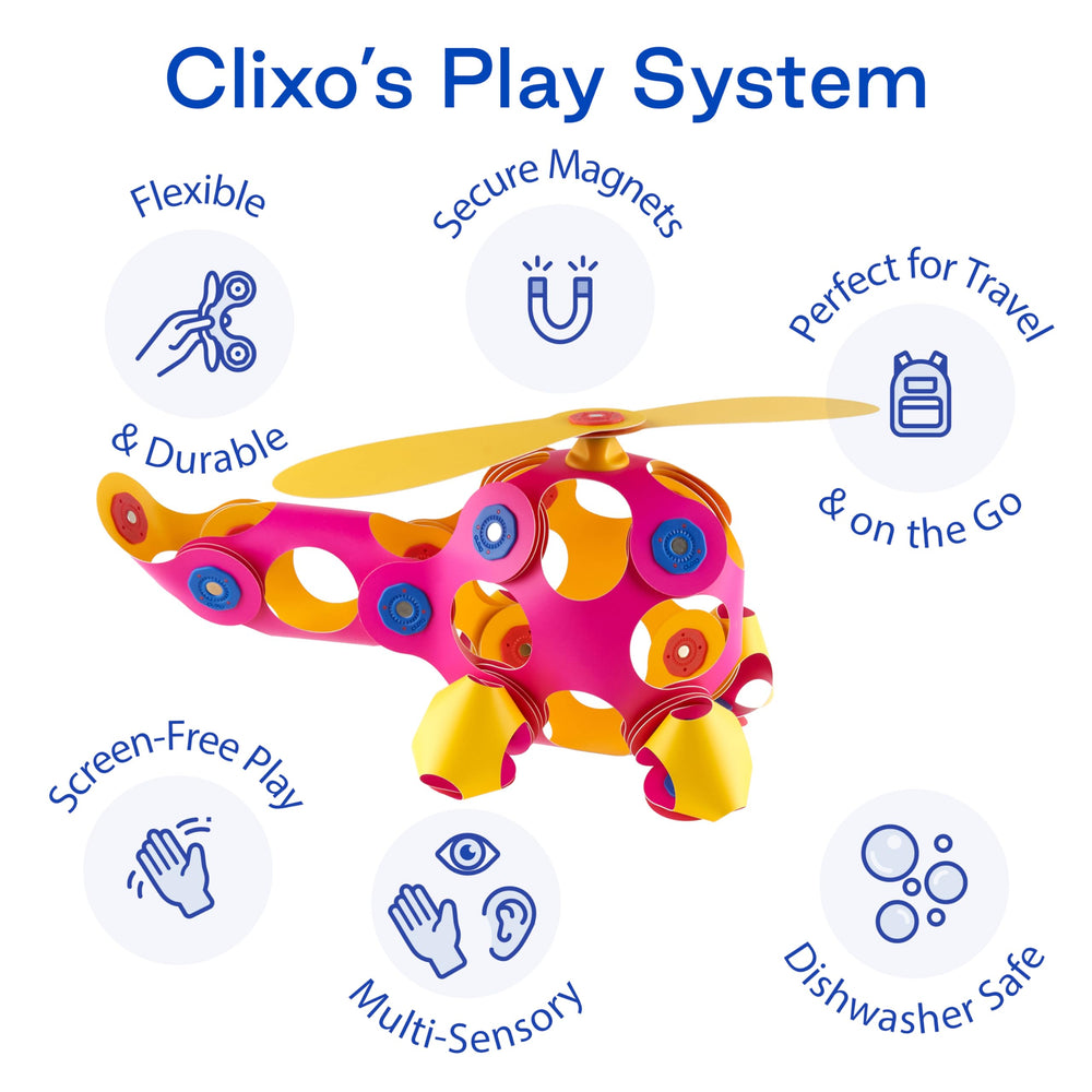 Clixo Crew STEAM learning promotes spatial reasoning and problem solving.