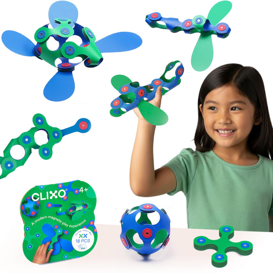 Clixo Itsy magnetic pieces demonstrate flexible connections for open-ended play.