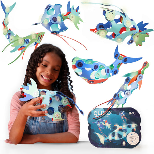 Clixo Ocean Creatures Pack glow-in-the-dark pieces for night-time play and discovery