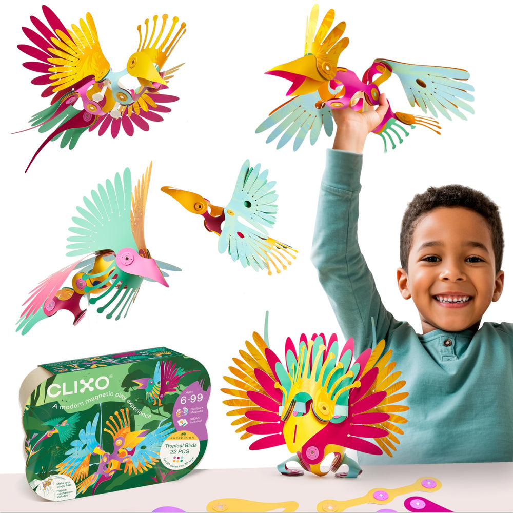 Clixo Tropical Birds Pack with wing-flapping action for interactive play