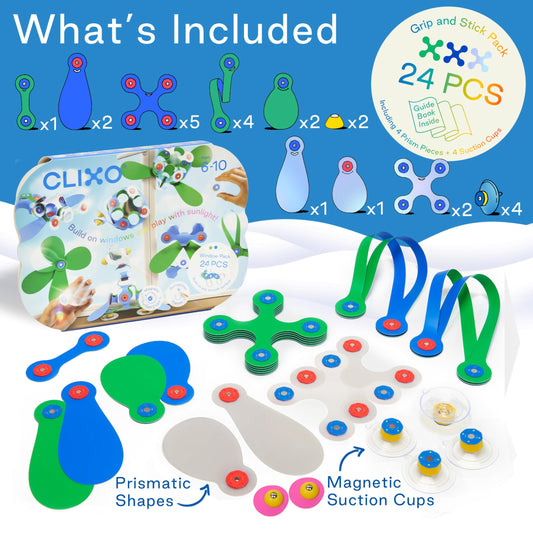Clixo suction cups secure designs on smooth windows during flights and road trips.