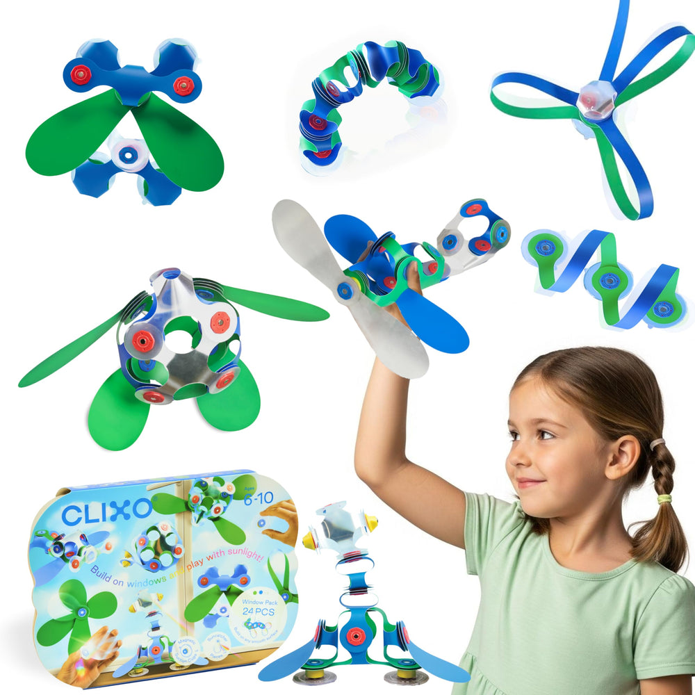 Clixo Window Travel Pack suncatchers on a car window create colorful light art for travel.