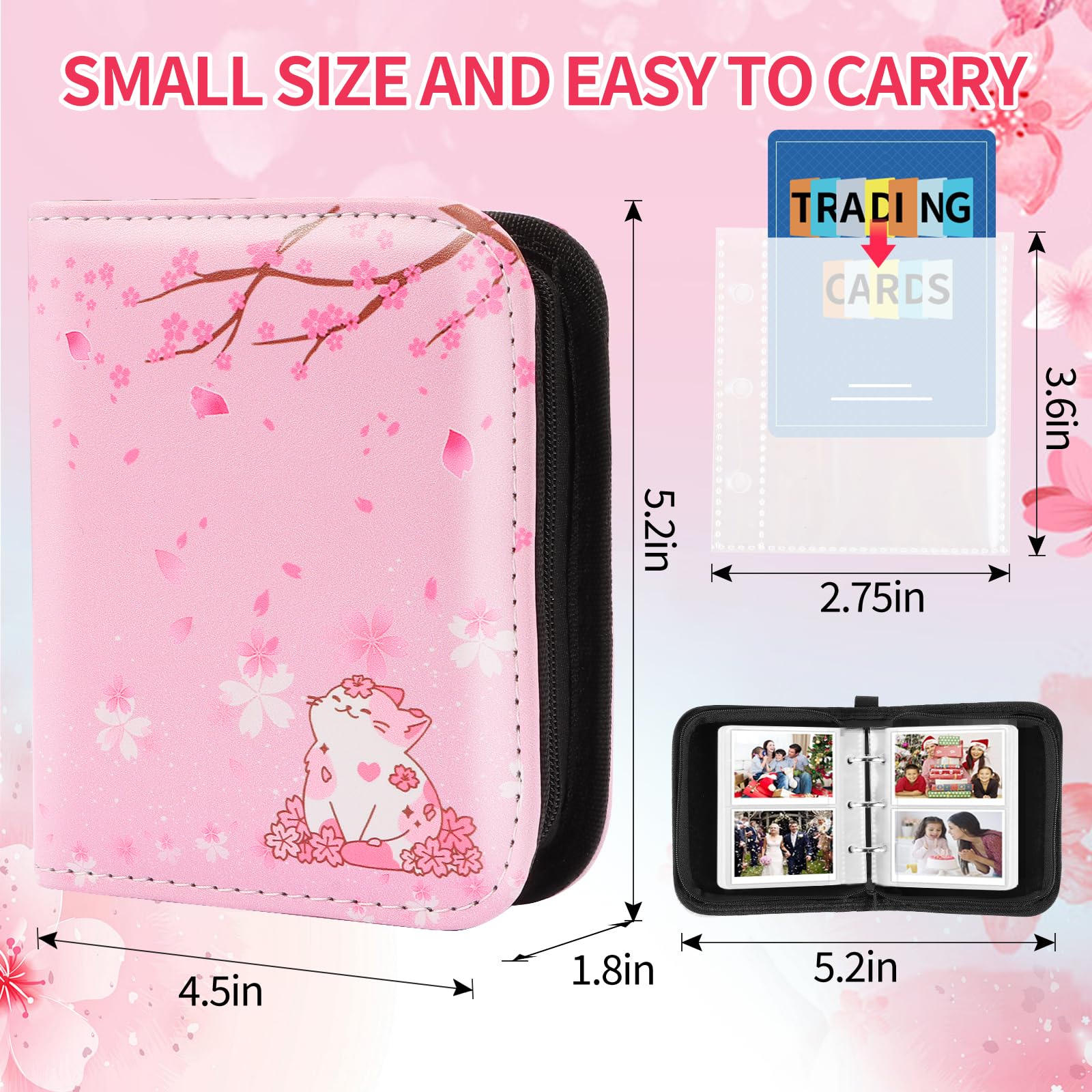 CLOKORIA Sakura Cat card binder 3-ring design enables easy page changes