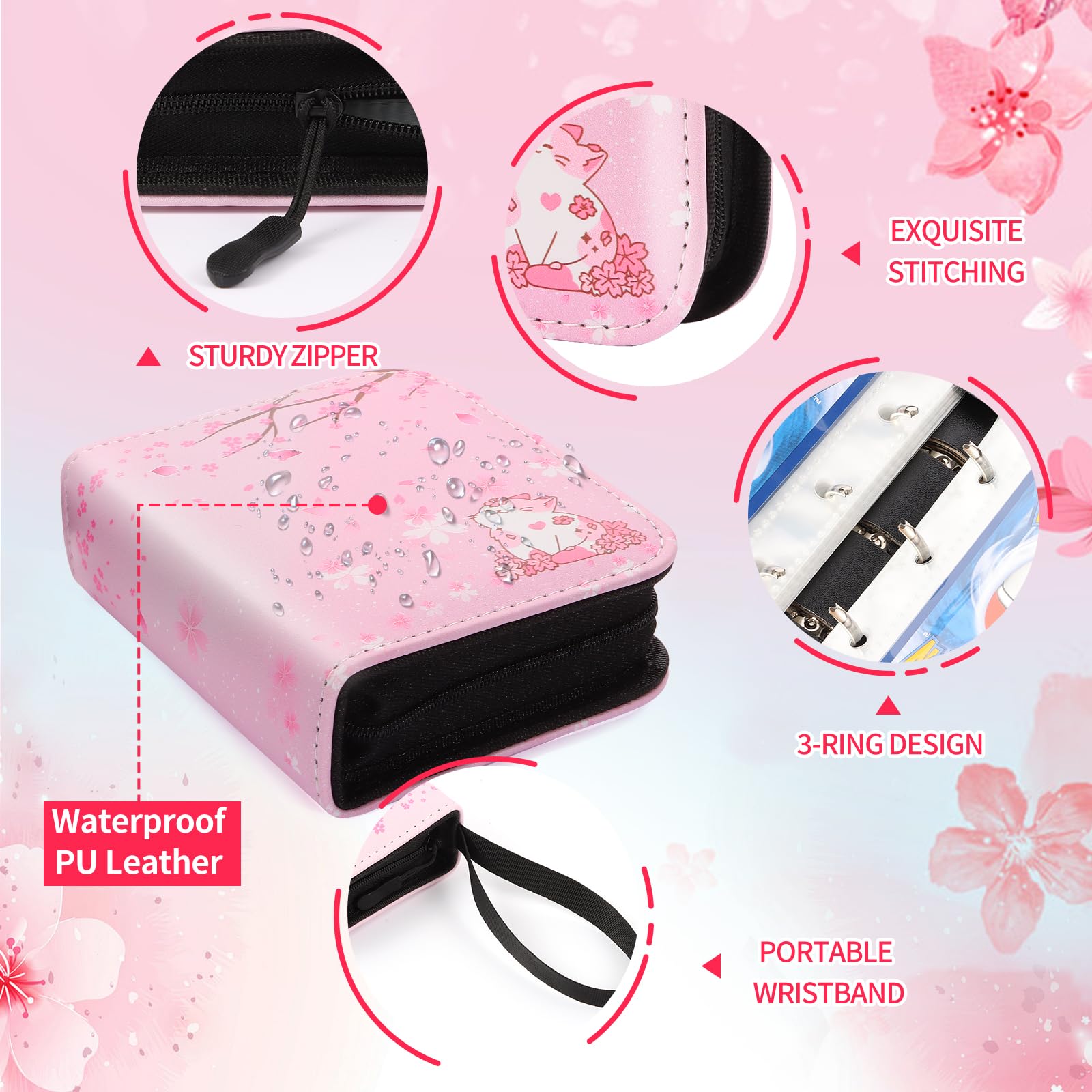 CLOKORIA Sakura Cat card binder internal pocket keeps cards organized on the go
