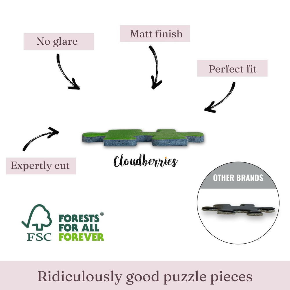 Cloudberries sustainably sourced paper and inks support an eco-friendly puzzle.