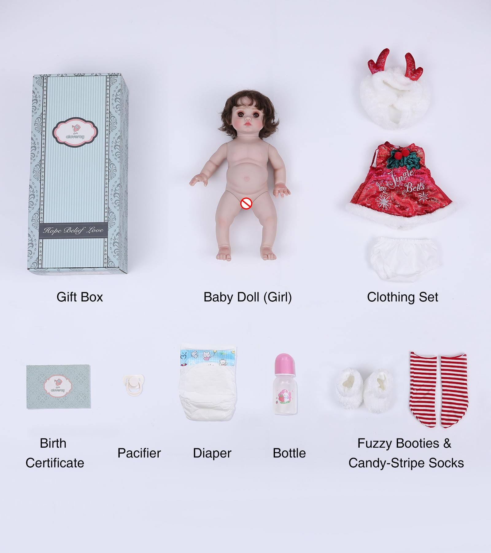 Cloveray includes a cozy red outfit for warm display and dress-up.