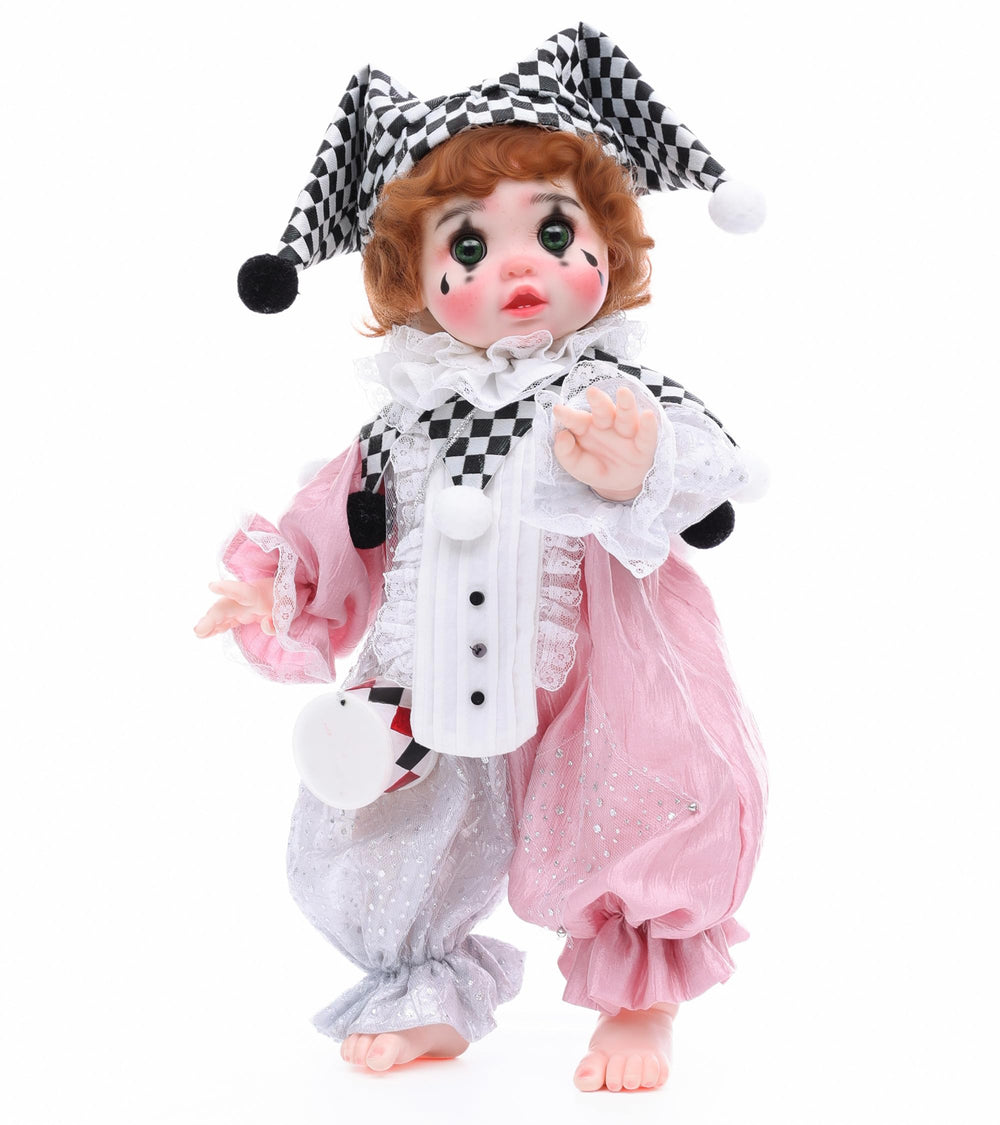 Cloveray Harlequin doll in pink-silver costume for display