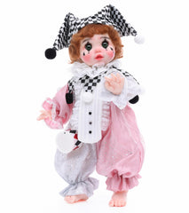 Cloveray Harlequin doll in pink-silver costume for display