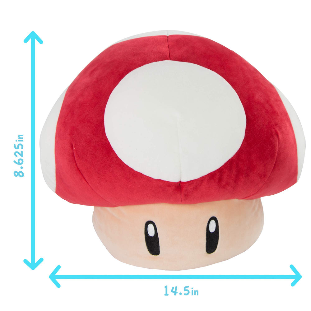 Club Mocchi Mocchi Mario Kart red mushroom plush close-up texture, showing squishy feel.
