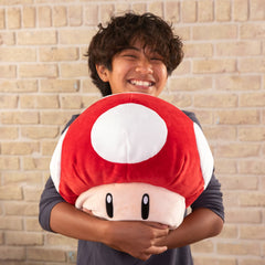 Club Mocchi Mocchi Mario Kart red mushroom plush on display, ideal shelf companion.