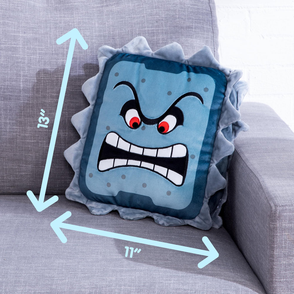 Thwomp plush packaging and display setup from Club Mocchi Mocchi for gifting.